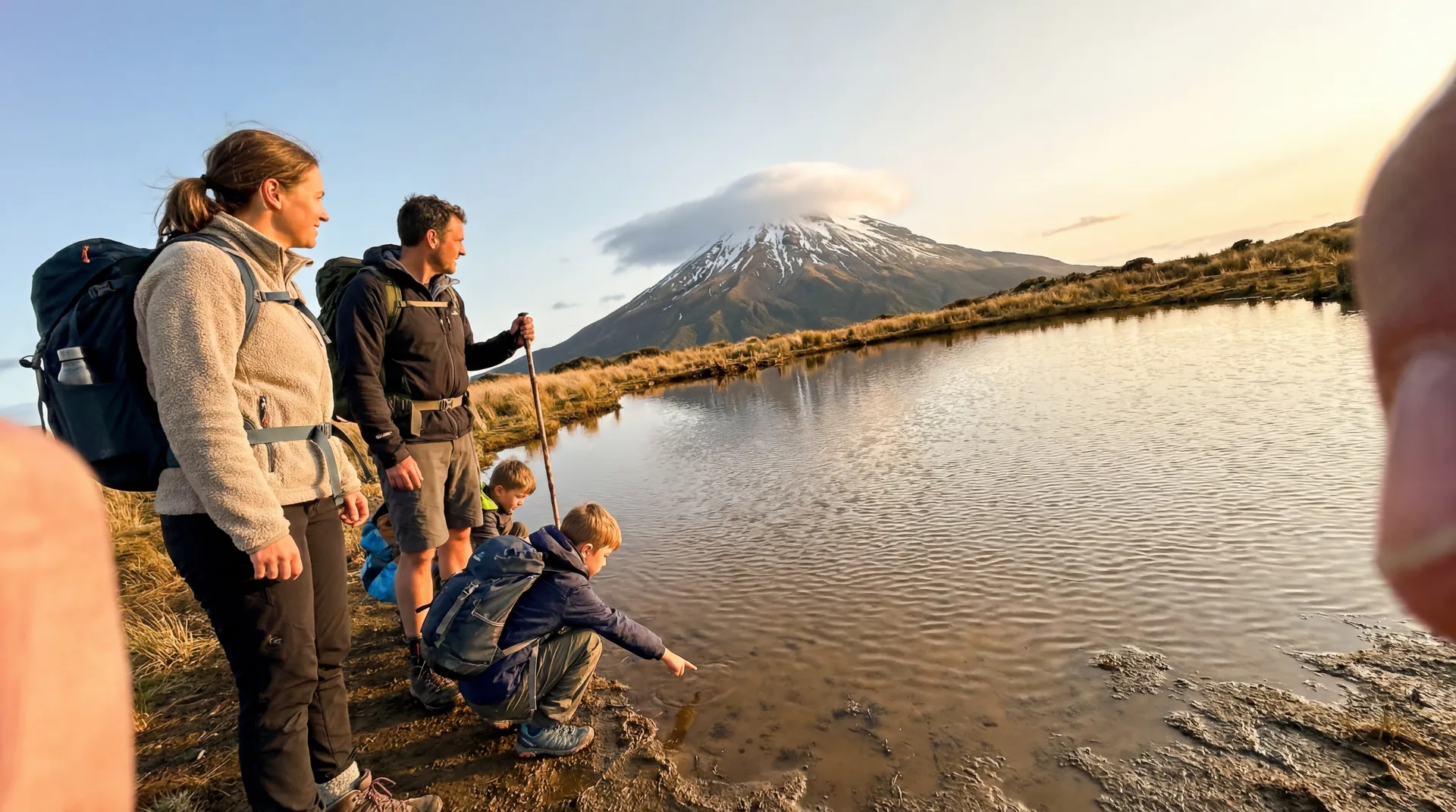 A family standing together at an alpine lake in New Zealand at golden hour