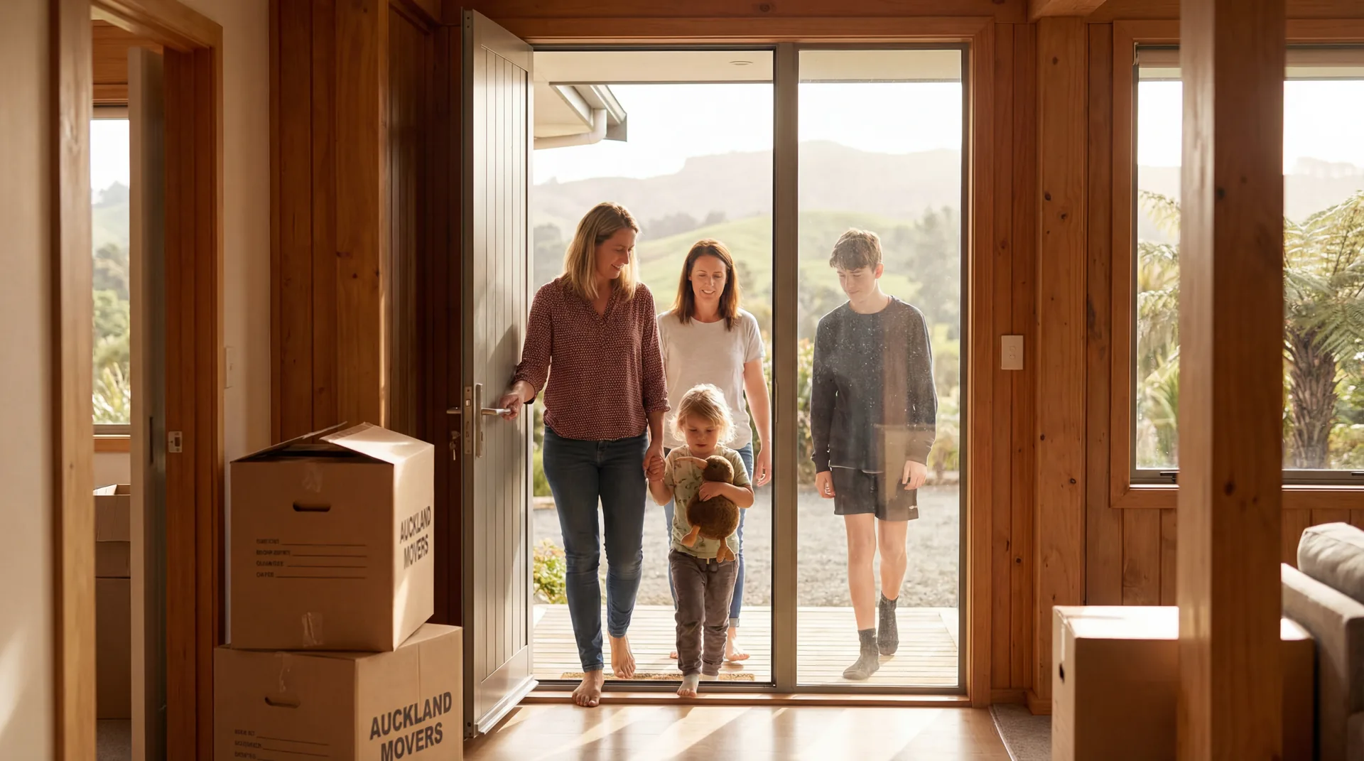 A family arriving at their new New Zealand home, warm golden light